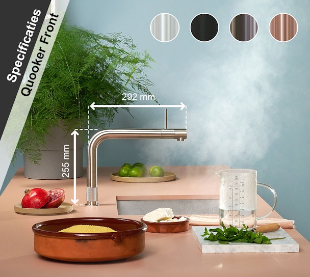 Quooker Front kraan in RVS met afmetingen: 255 mm hoogte en 292 mm uitloop. Rechtsboven de 4 beschikbare finishes: RVS, Zwart, Gunmetal en Rosé koper