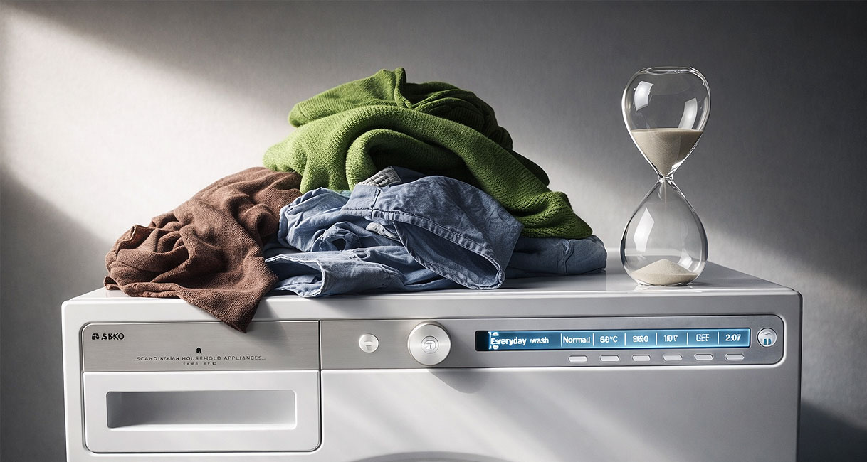 Opgevouwen kleding op ASKO wasmachine met zandloper als symbool voor speed modus