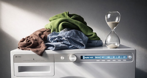 Opgevouwen kleding op ASKO wasmachine met zandloper als symbool voor speed modus