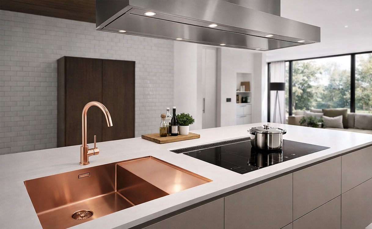 Breed keukeneiland met rosé gouden spoelbak en ingebouwde kookplaat onder een grote afzuigkap in een lichte moderne keuken