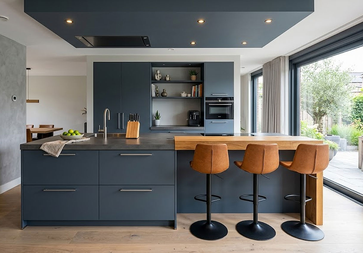 Kookeiland met inbouwspots in plafond voor strak en functioneel werklicht