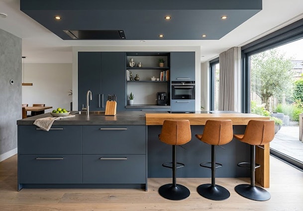 Kookeiland met inbouwspots in plafond voor strak en functioneel werklicht
