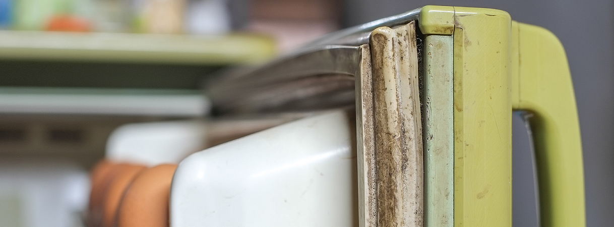 Sterk versleten en vervuilde vriezerrubbers met beschadigde deurafdichting