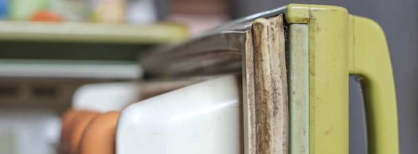 Sterk versleten en vervuilde vriezerrubbers met beschadigde deurafdichting