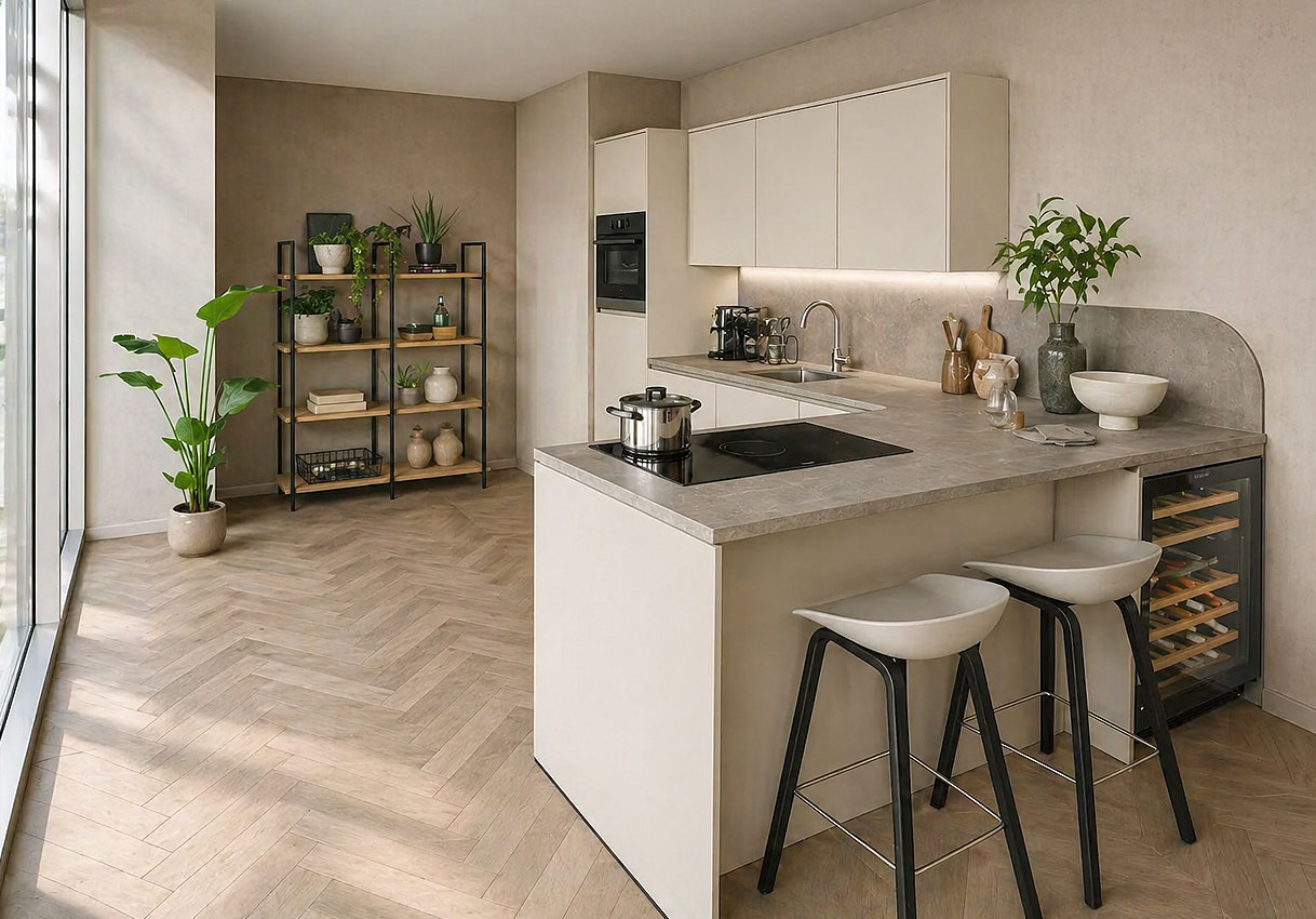 Keuken met schiereiland en barkrukken, voorbeeld van standaard afmetingen en loopruimte