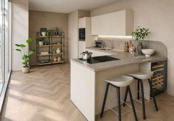 Keuken met schiereiland en barkrukken, voorbeeld van standaard afmetingen en loopruimte