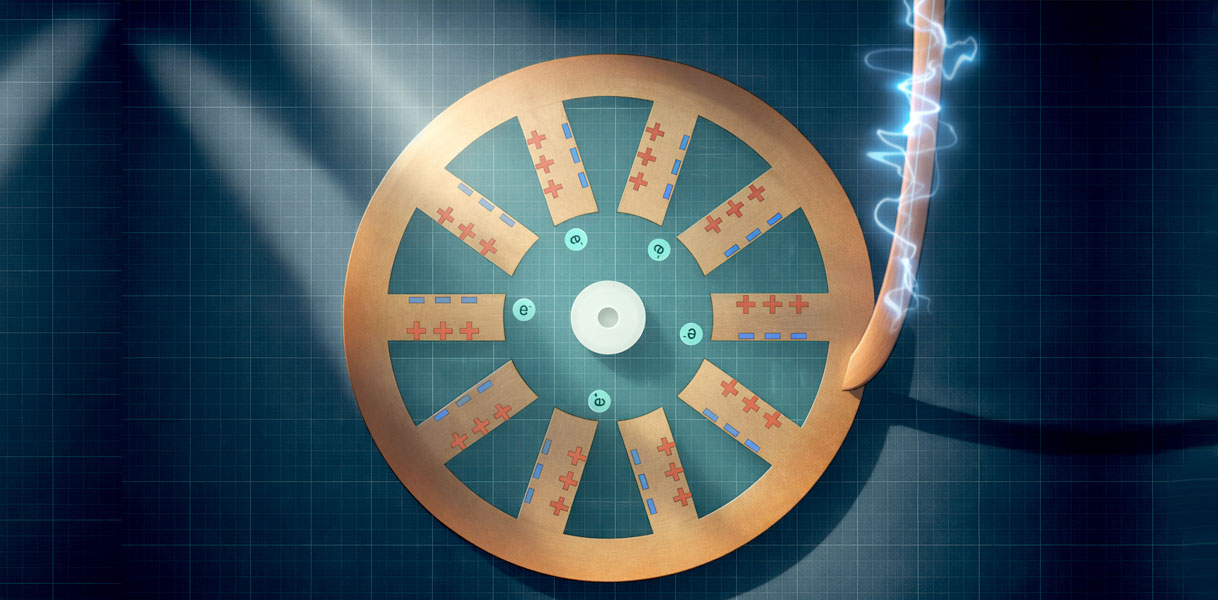 Illustratie van magnetron element met ringmagneten die elektronen rondslingeren voor het opwekken van microgolven