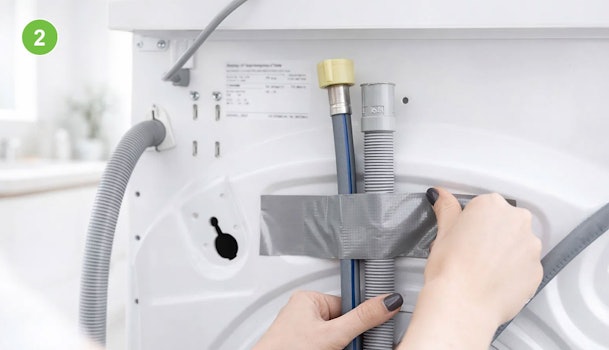 Handen tapen de afvoer- en toevoerslang met ducttape vast aan de achterkant van een wasmachine
