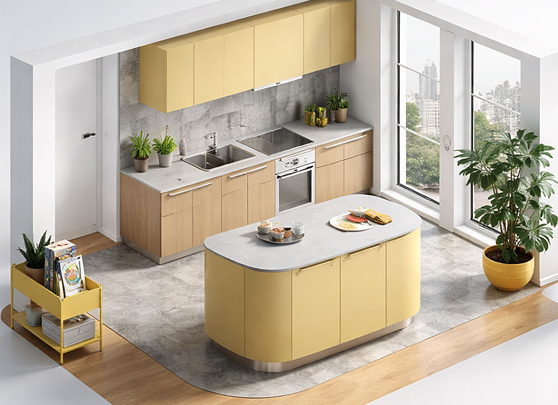 Fotorealistisch 3D keukenontwerp met kookeiland en gele kastfronten