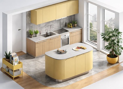 Fotorealistisch 3D keukenontwerp met kookeiland en gele kastfronten
