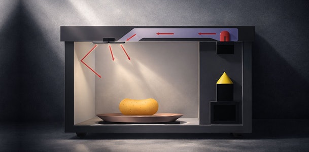 Illustratie van microgolven die via golfgeleider en rode pijlen vanuit alle richtingen het voedsel bereiken in de magnetron