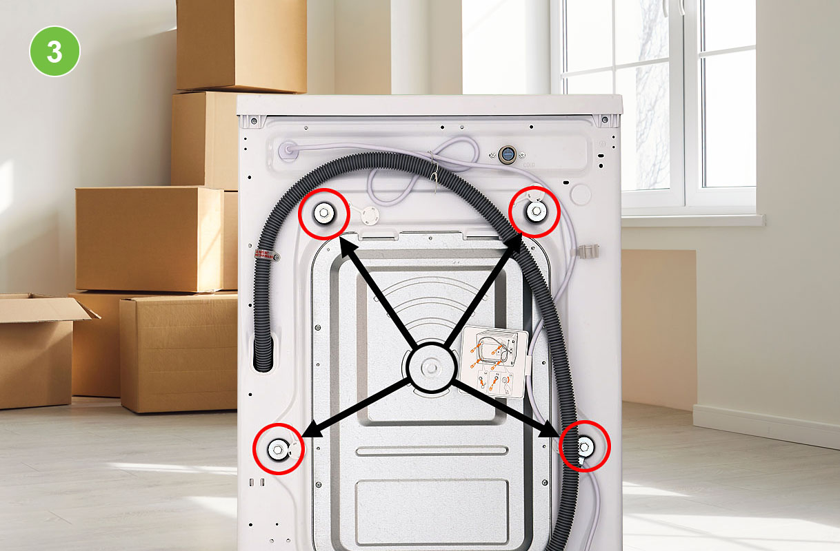 Achterkant van wasmachine met vier transportboutgaten gemarkeerd met rode cirkels en pijlen