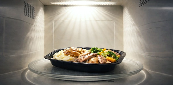 Warme maaltijd met vlees aardappelpuree en groenten die van binnenuit wordt opgewarmd in de magnetron