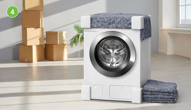 Wasmachine beschermd met verhuisdeken en piepschuim hoekbeschermers, verhuisdozen op de achtergrond