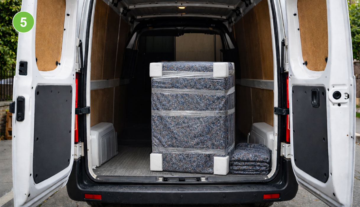 Ingepakte wasmachine rechtopstaand in verhuisbus, omwikkeld met verhuisdeken en krimpfolie