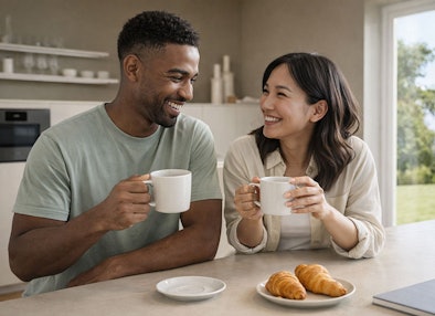 Gelukkig stel drinkt koffie in moderne keuken en geniet van nieuwe inrichting