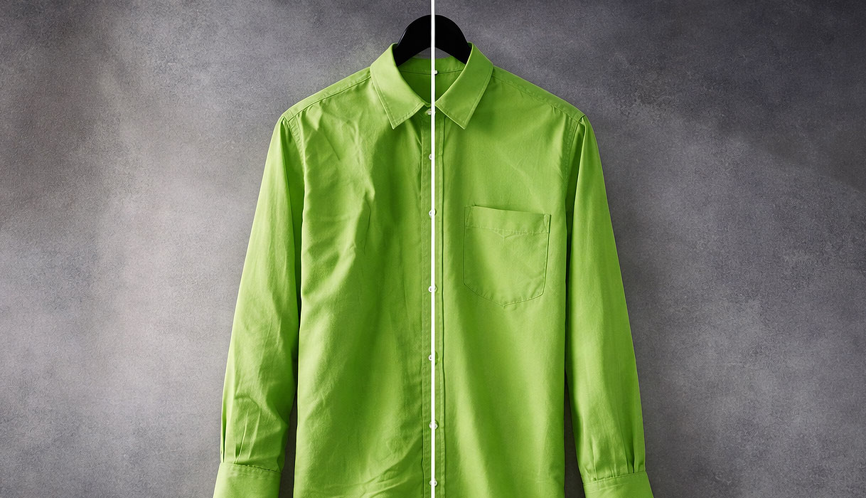 Groen overhemd omgeven door stoom die de SteamClean hygiënische wasfunctie visualiseert