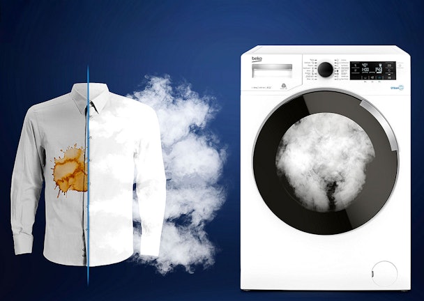Beko wasmachine met SteamCure stoomtechnologie die vlekken losweekt en zorgt voor hygiënische reiniging