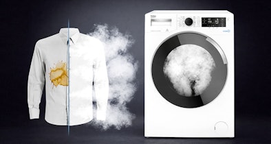 Vergelijking van een bevuild wit overhemd voor en na de Beko SteamCure stoombehandeling naast een Beko warmtepompdroger