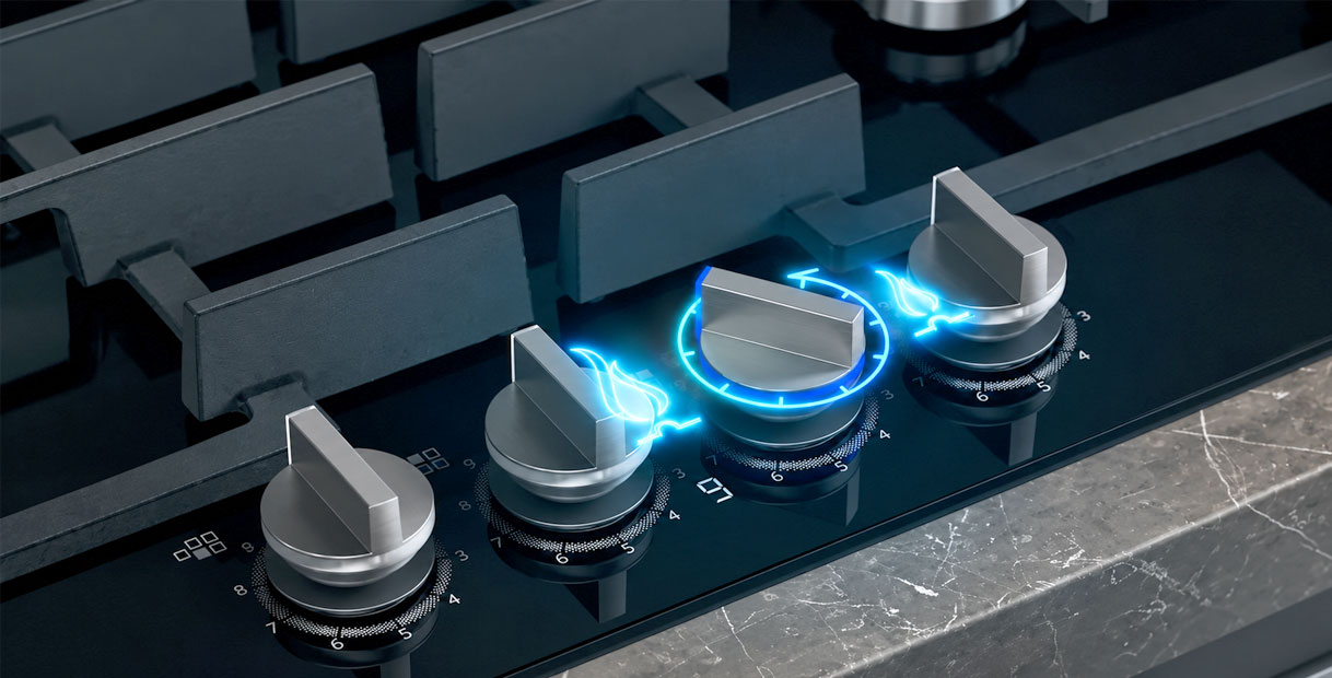 Siemens stepFlame draaiknoppen met verlichte vlamstanden op gaskookplaat