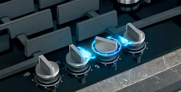 Siemens stepFlame draaiknoppen met verlichte vlamstanden op gaskookplaat
