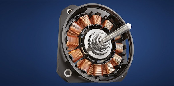 Doorsnede van een invertermotor met magneten en koperwikkelingen die zonder koolborstels werkt