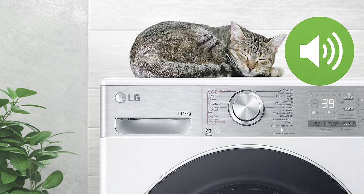 LG wasmachine met slapende kat en geluidloos icoon voor het downloadbare stille was programma