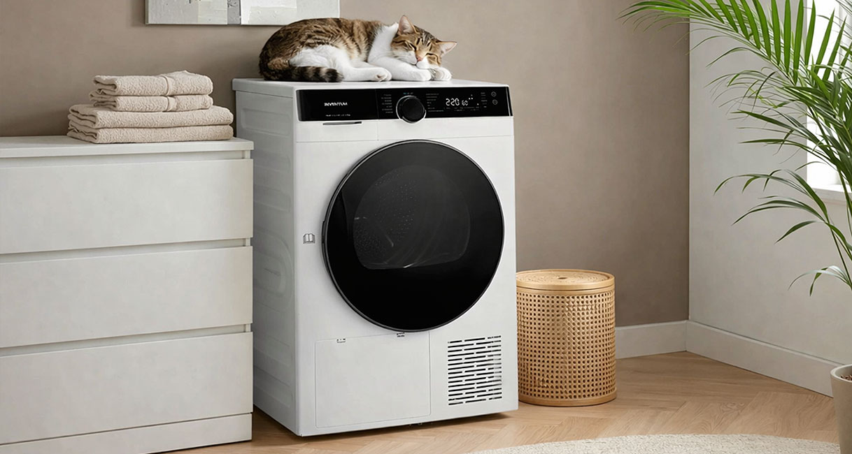 Inventum droger in lichte woonruimte met slapende kat bovenop voor stille werking van 64 tot 66 dB