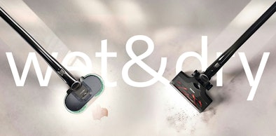 Miele Triflex HX3 Aqua met AquaTwister Pro dweilborstel en standaard zuigborstel naast elkaar met tekst 'wet & dry'