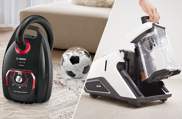 Bosch stofzuiger met zak versus Miele zakloze model onderhoud vergelijking voetbal modder woonkamer.