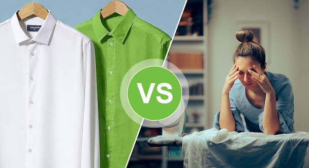 Vergelijking tussen Siemens smartFinish met kreukvrije overhemden aan hangers en traditioneel strijken met strijkijzer