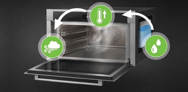 Open stoomoven met stoom in de ovenruimte en waterreservoir voor externe stoomopwekking