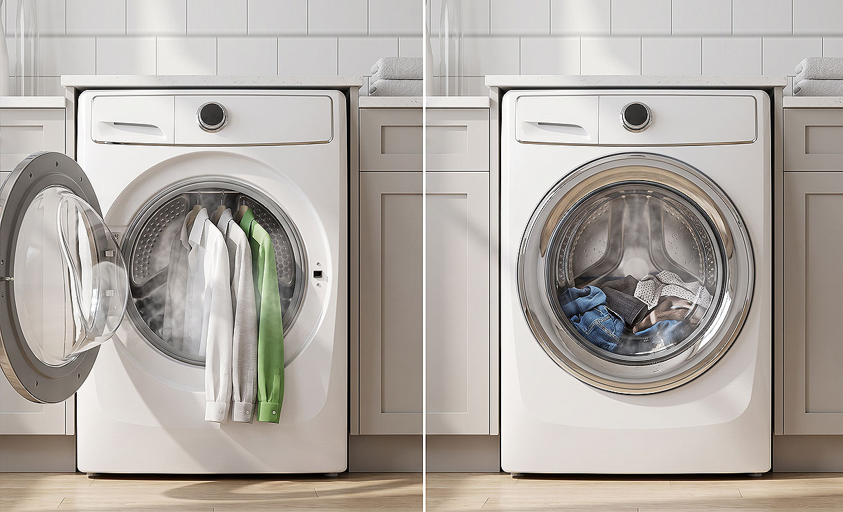 Wasmachine met hangende kleding in een stoomprogramma naast wasmachine met stoomoptie bij een wasbeurt