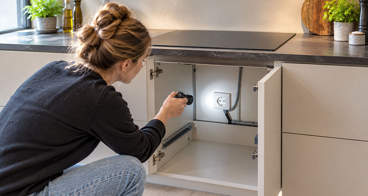 Vrouw schijnt met een zaklamp op het stopcontact in de keukenkast onder de kookplaat