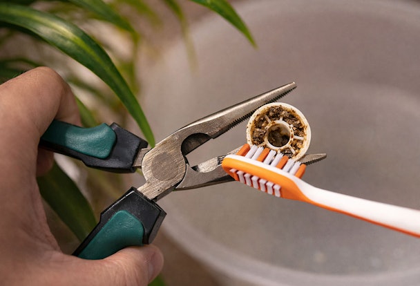 Hand reinigt een vervuild filterzeefje van een watertoevoerslang met een tang