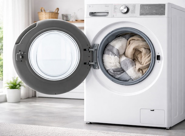 LG wasmachine met overvolle trommel vol handdoeken en kleding die motoroverbelasting veroorzaakt