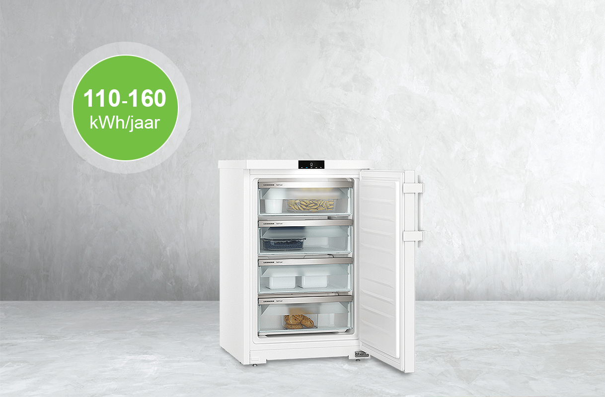 Open tafelmodel vriezer met lades en een energieverbruik van 110–160 kWh per jaar.