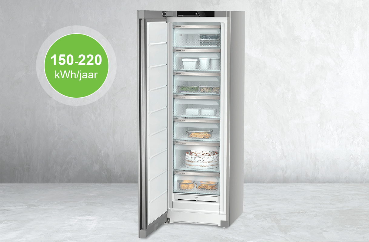 Open staande vrieskast met meerdere lades en een energieverbruik van 150–220 kWh per jaar.