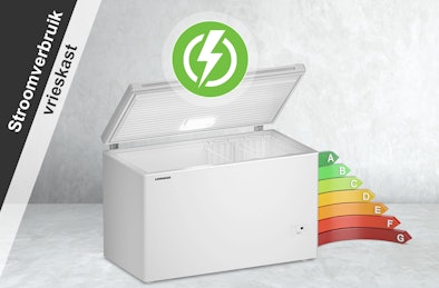 Vrieskist met open klep naast energielabels