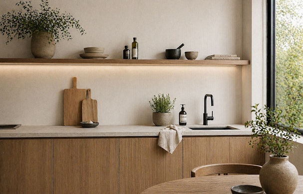 Japandi keuken met minimalistische styling, houten fronten, open wandplank met keramiek, planten en functionele accessoires op een rustig aanrecht