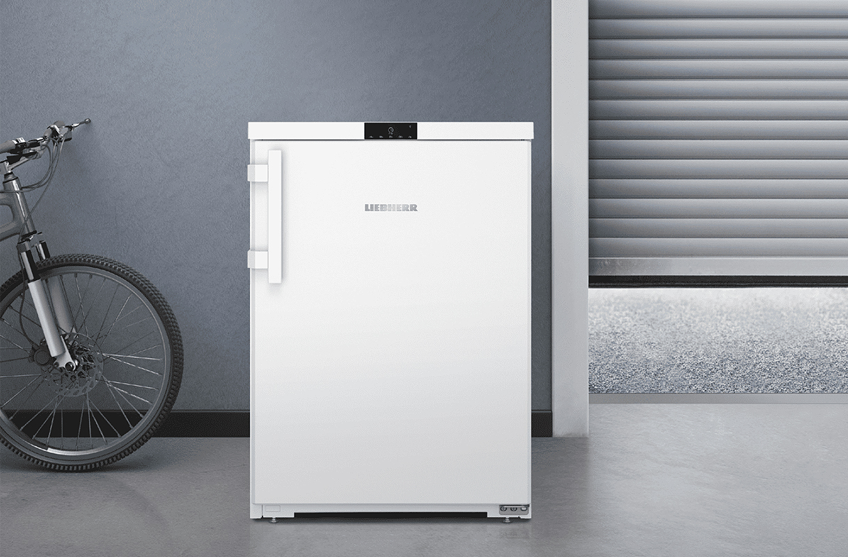 Liebherr tafelmodel koelkast in een schuur met open garagedeur, voorbeeld van koelkast voor koude ruimte