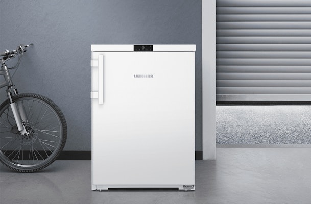 Liebherr tafelmodel koelkast in een schuur met open garagedeur, voorbeeld van koelkast voor koude ruimte