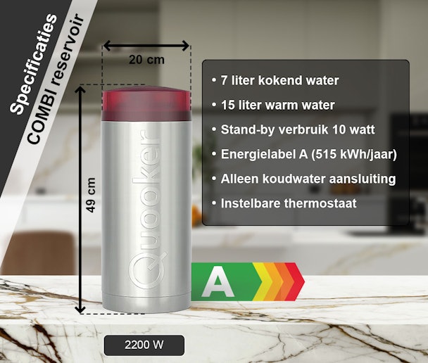 Quooker COMBI reservoir met afmetingen en technische specificaties, waaronder 7 liter kokend water, 15 liter warm water, vermogen 2200 watt en energielabel A