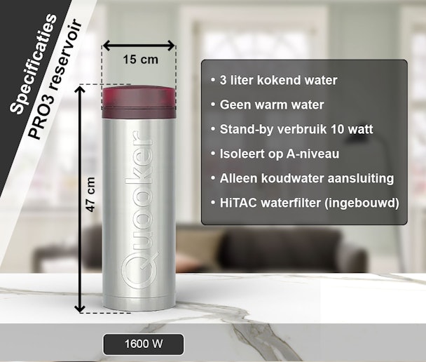 Technische specificaties van het Quooker PRO3 reservoir met afmetingen 47 cm hoog en 15 cm diameter