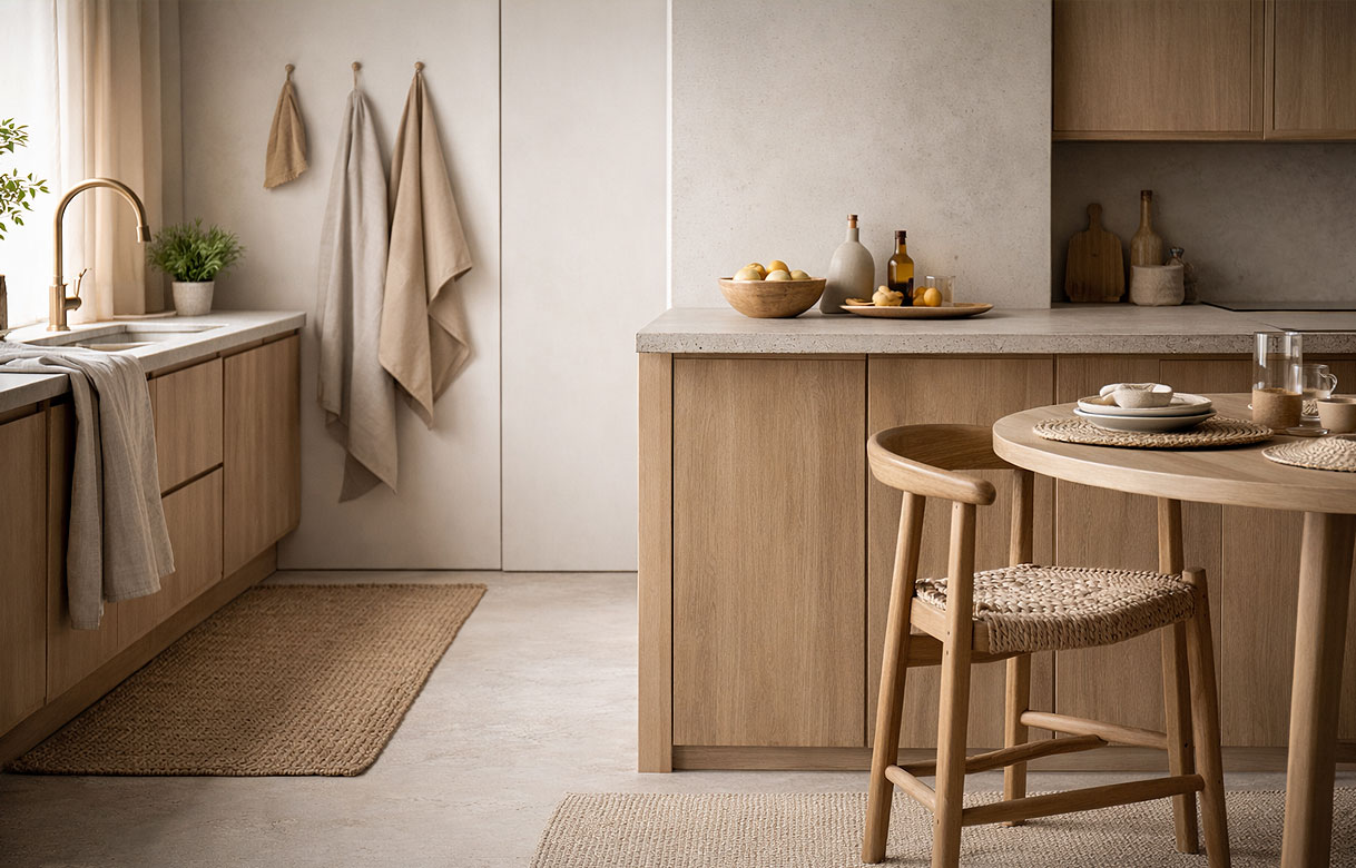 Japandi keuken met houten kasten, linnen doeken, jute vloerkleed en natuurlijke textielaccessoires