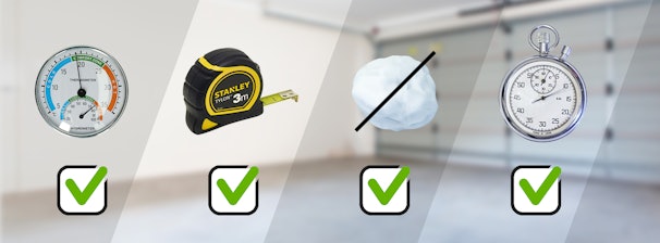 Checklist met thermometer, meetlint, ijsvrije functie en stopwatch — symbolen voor temperatuur, formaat, ontdooitechniek en bewaartijd van vriezers voor in de schuur