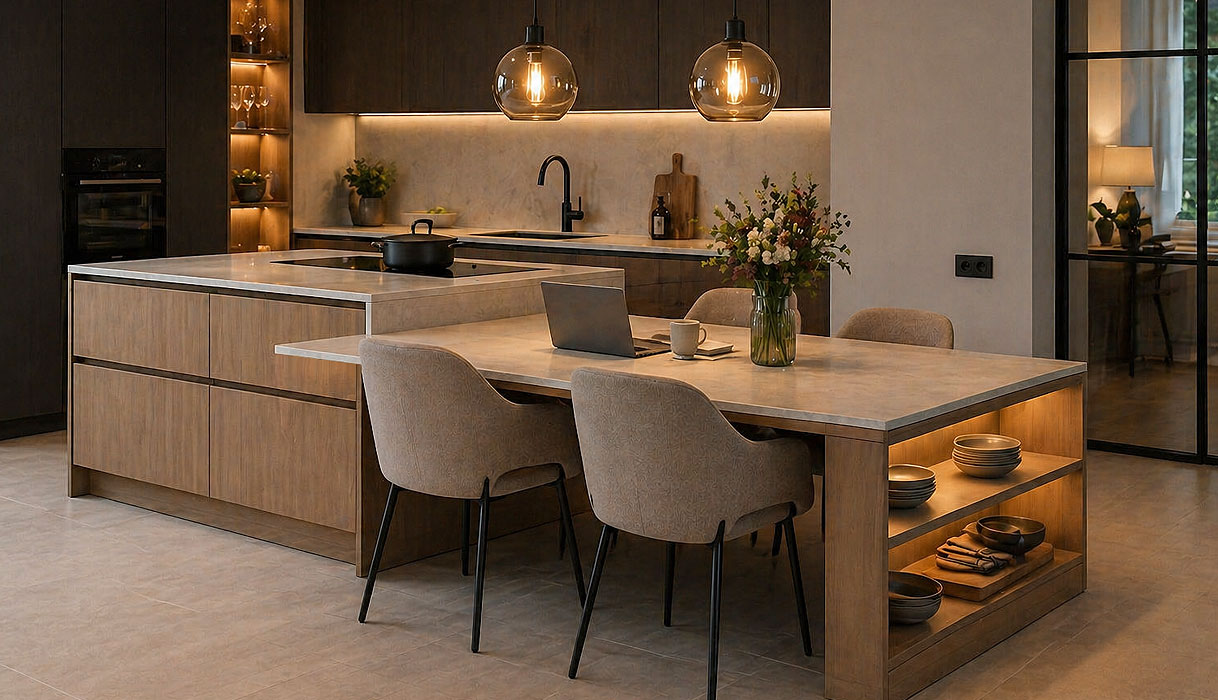 Kookeiland met zitgedeelte, pendelverlichting, eetkamerstoelen en open opbergruimte onder het blad