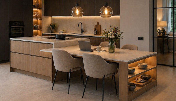 Kookeiland met zitgedeelte, pendelverlichting, eetkamerstoelen en open opbergruimte onder het blad