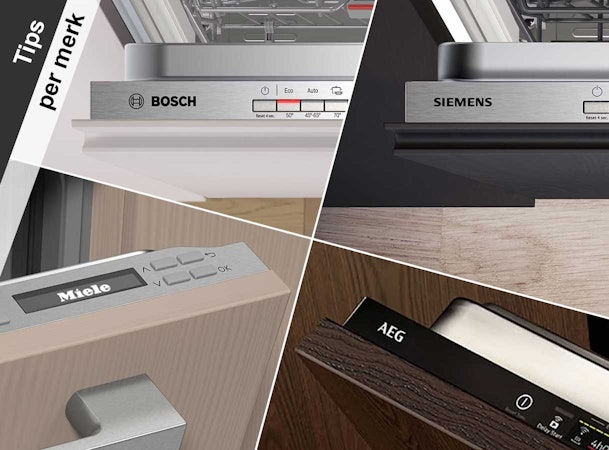 Bedieningspanelen van Bosch, Siemens, Miele en AEG vaatwassers naast elkaar