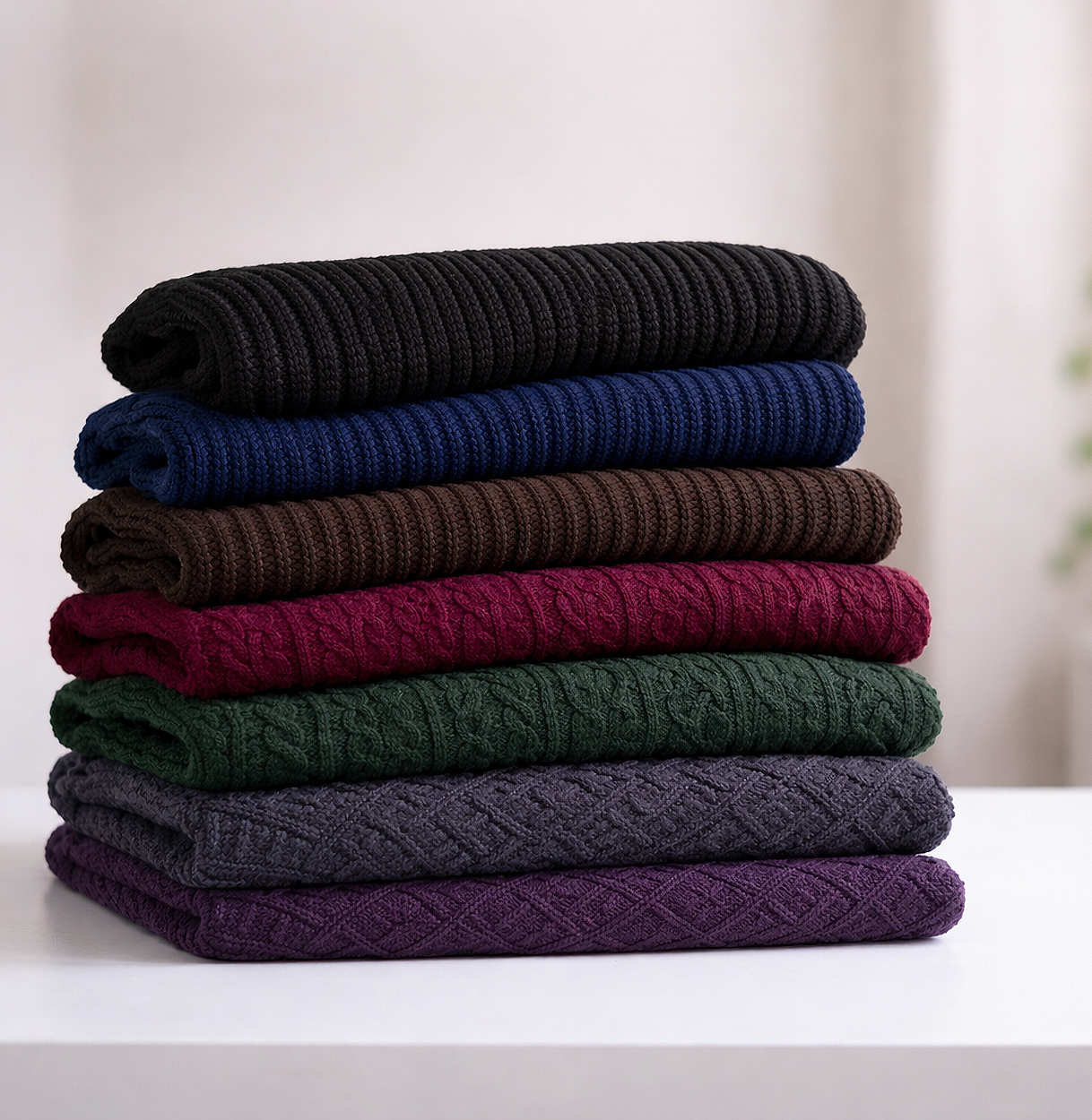 Donkere kleding in verschillende kleuren netjes opgestapeld om te sorteren voor de was